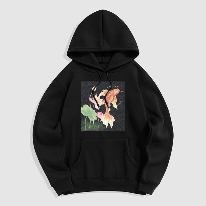 Buddha Stones Koi Fish Lotus Design Fleece Lined Hoodie - Black - 2XL - image 17