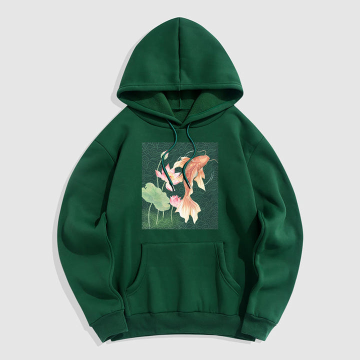 Buddha Stones Koi Fish Lotus Design Fleece Lined Hoodie - ForestGreen - 2XL - image 0