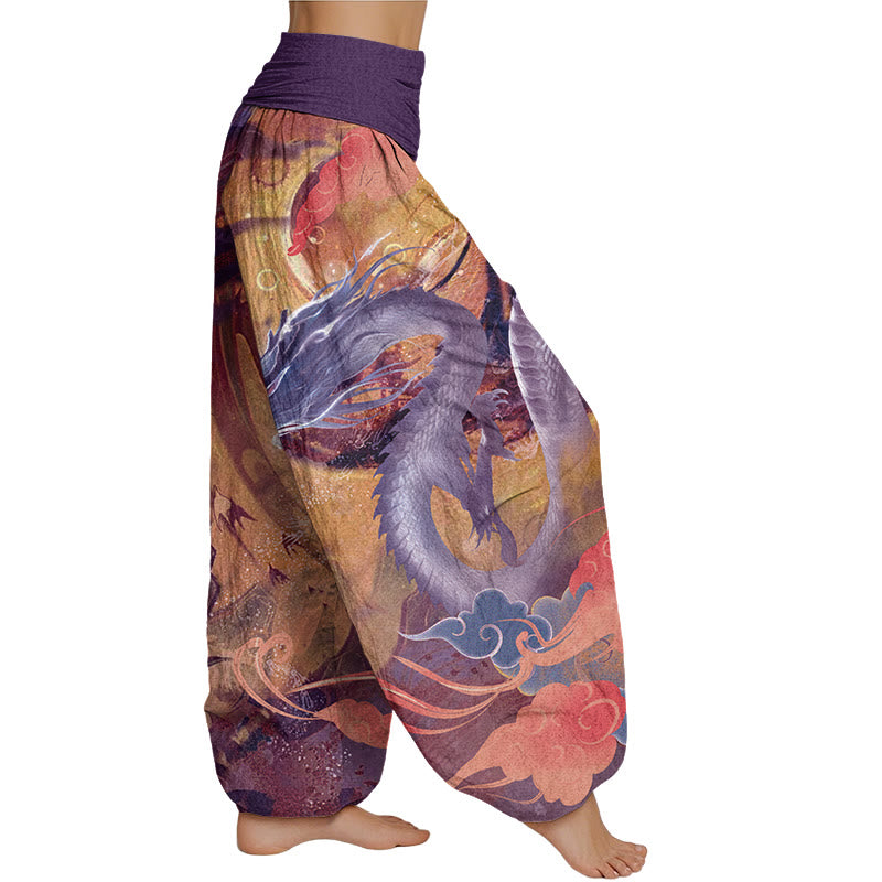 Buddha Stones Dragon Auspicious Clouds Pattern Women's Elastic Waist Harem Pants