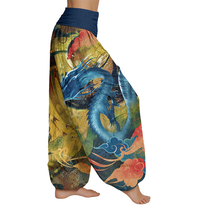 Buddha Stones Dragon Auspicious Clouds Pattern Women's Elastic Waist Harem Pants