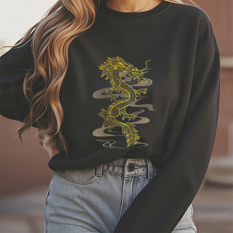 Buddha Stones Golden Dragon Design Fleece Lined Polyester Sweatshirt