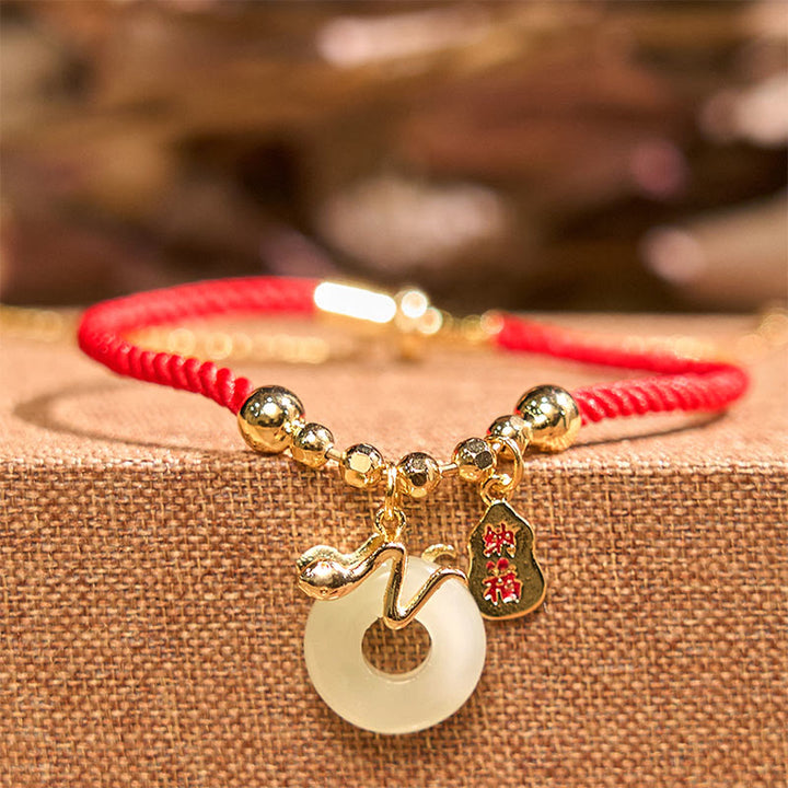 Buddha Stones Copper Plated Gold Jade Peace Buckle Fu Character Year Of The Snake Red String Luck Bracelet