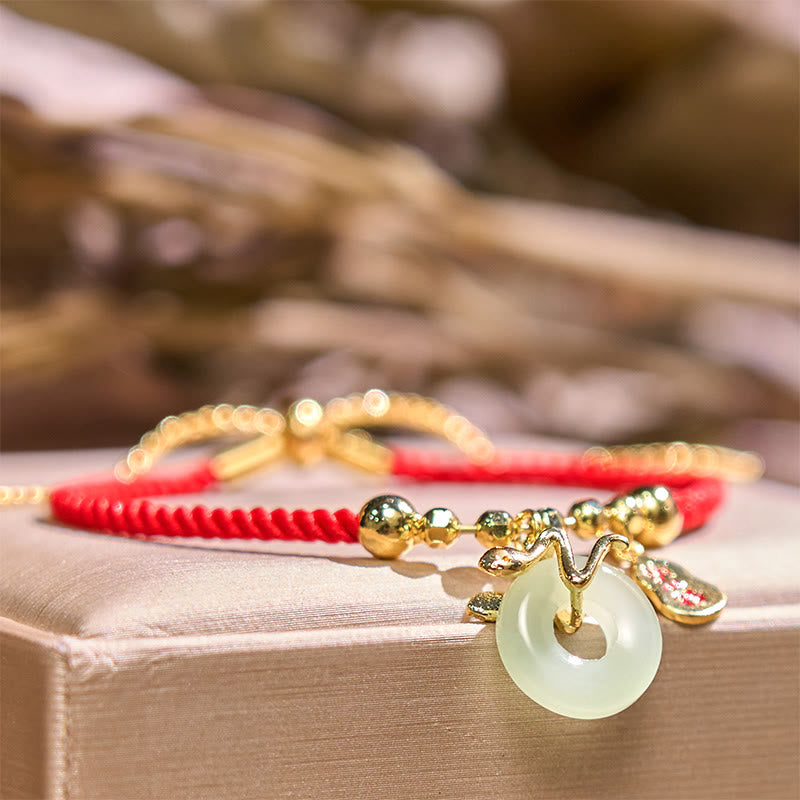 Buddha Stones Copper Plated Gold Jade Peace Buckle Fu Character Year Of The Snake Red String Luck Bracelet - image 12