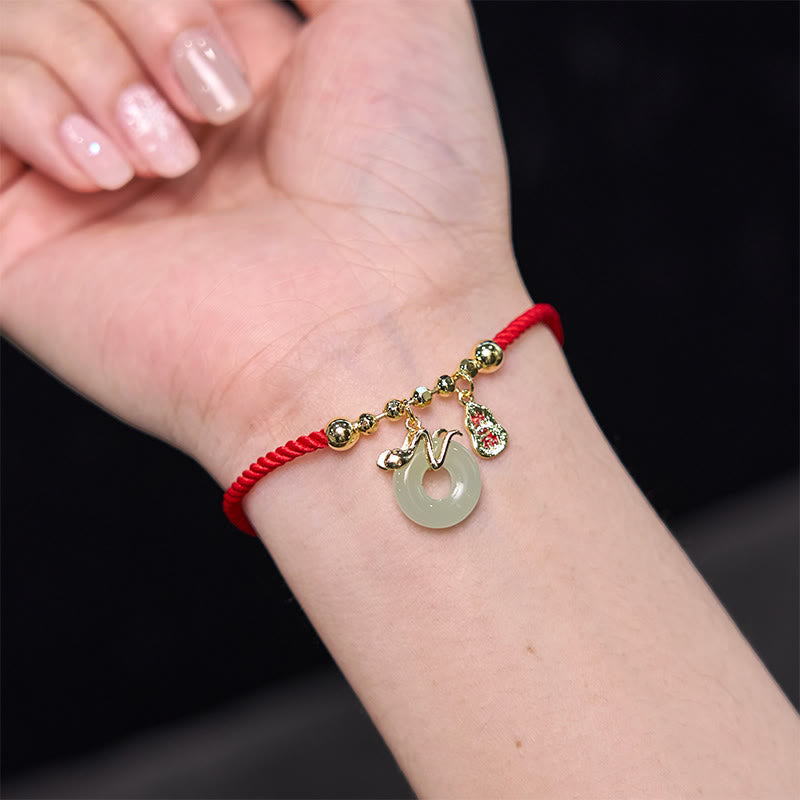 Buddha Stones Copper Plated Gold Jade Peace Buckle Fu Character Year Of The Snake Red String Luck Bracelet