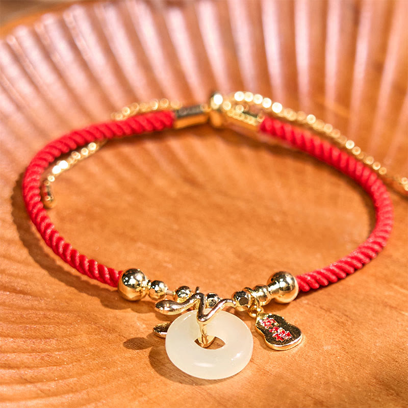 Buddha Stones Copper Plated Gold Jade Peace Buckle Fu Character Year Of The Snake Red String Luck Bracelet