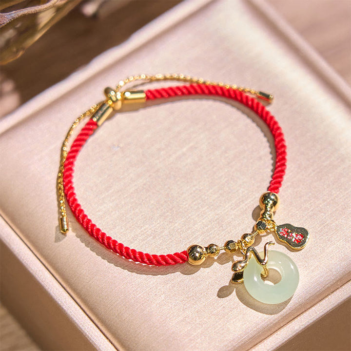 Buddha Stones Copper Plated Gold Jade Peace Buckle Fu Character Year Of The Snake Red String Luck Bracelet