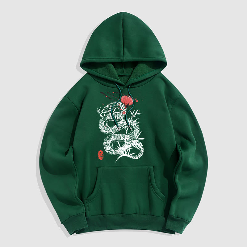 Buddha Stones Lantern Bamboo Leaves Snake Design Fleece Lined Hoodie