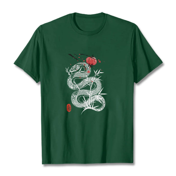 Buddha Stones Lantern Bamboo Leaves Snake Design Cotton Tee T-shirt