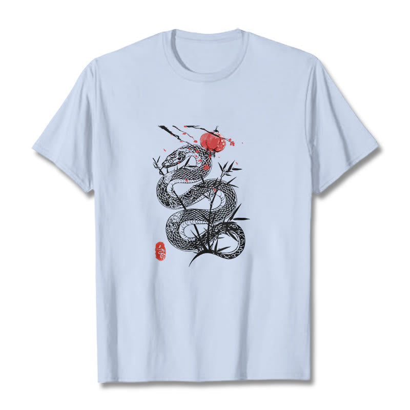 Buddha Stones Lantern Bamboo Leaves Snake Design Cotton Tee T-shirt