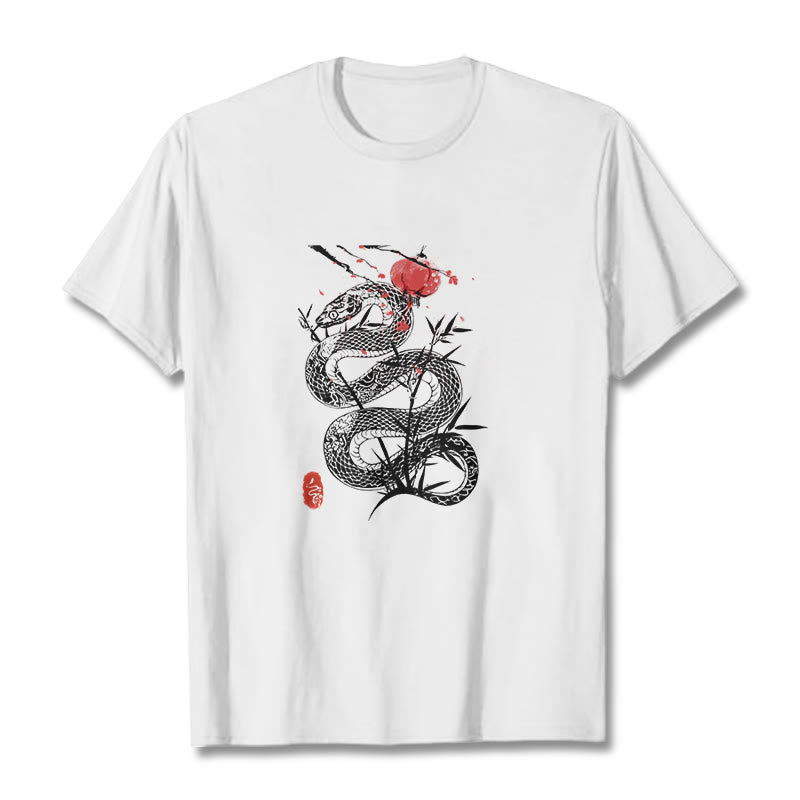 Buddha Stones Lantern Bamboo Leaves Snake Design Cotton Tee T-shirt