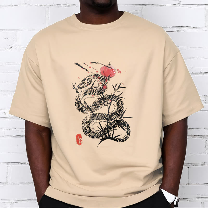 Buddha Stones Lantern Bamboo Leaves Snake Design Cotton Tee T-shirt