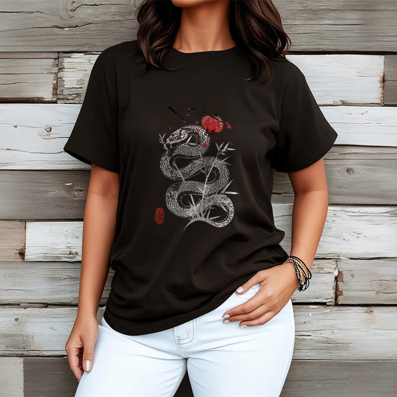 Buddha Stones Lantern Bamboo Leaves Snake Design Cotton Tee T-shirt - image 3