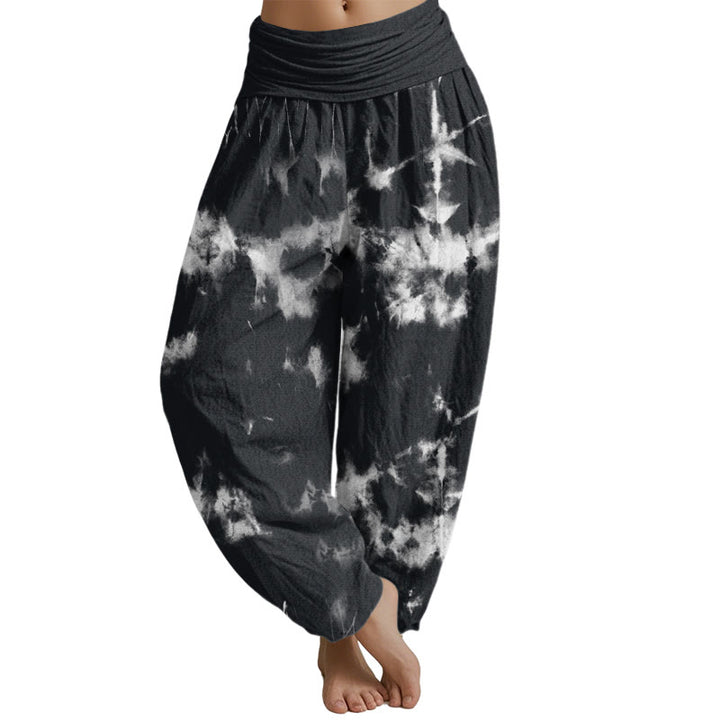 Buddha Stones White Lines Spots Tie-Dye Pattern Women's Elastic Waist Harem Pants