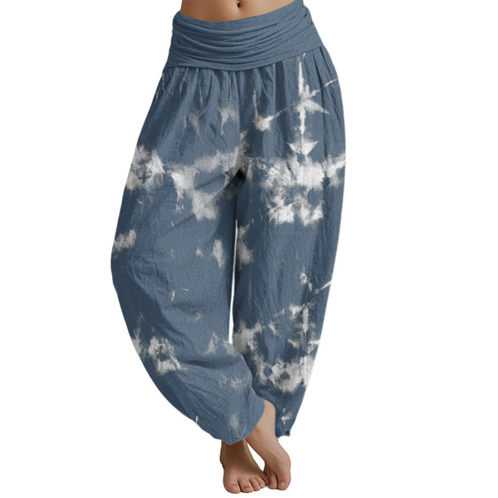 Buddha Stones White Lines Spots Tie-Dye Pattern Women's Elastic Waist Harem Pants