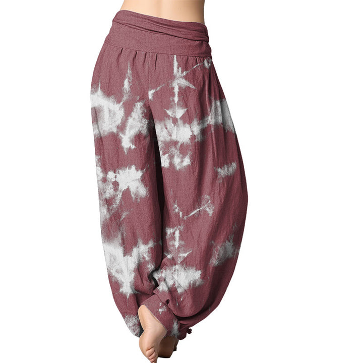 Buddha Stones White Lines Spots Tie-Dye Pattern Women's Elastic Waist Harem Pants