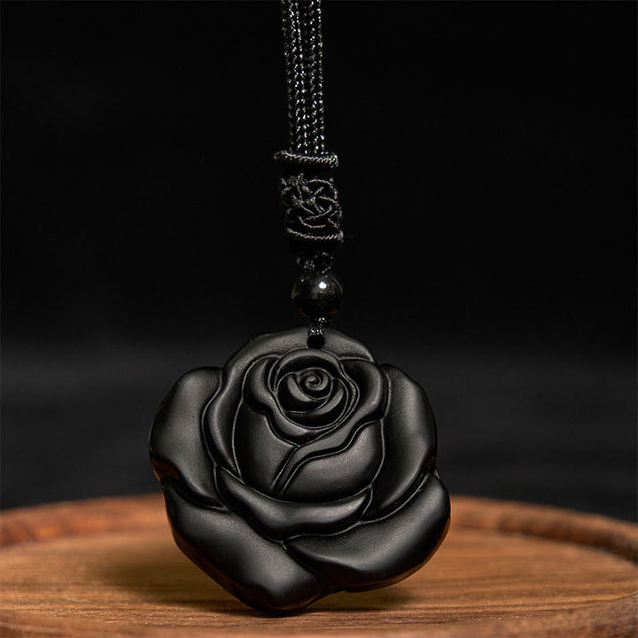 Buddha Stones Black Obsidian String Black Rose Purification Necklace Pendant