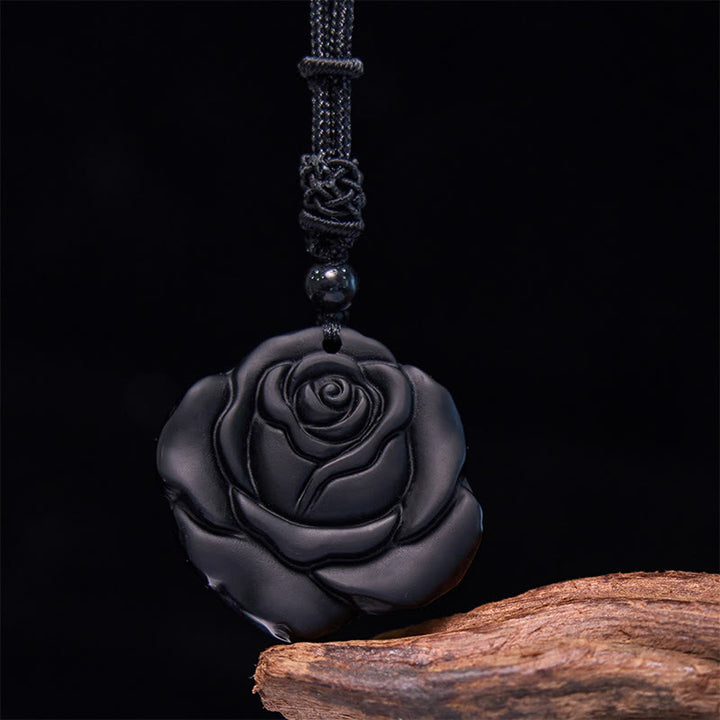 Buddha Stones Black Obsidian String Black Rose Purification Necklace Pendant