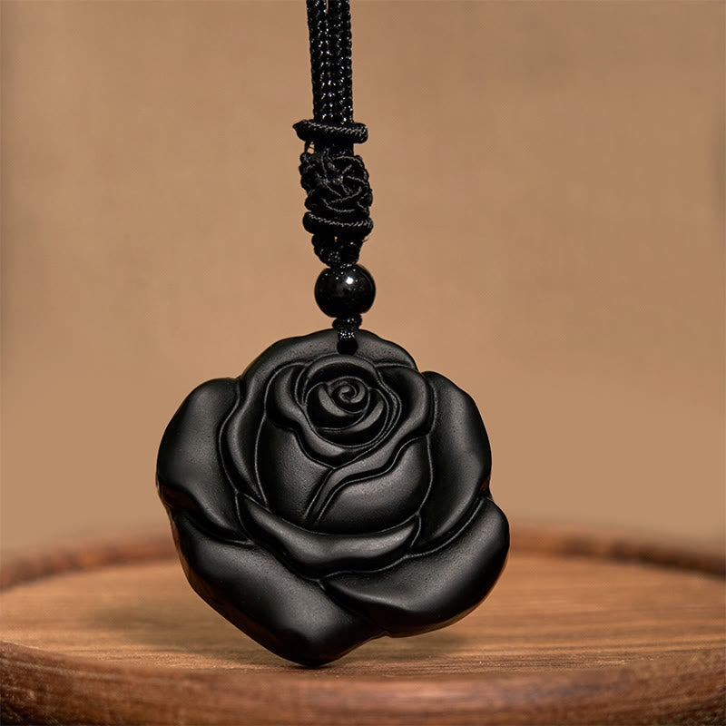 Buddha Stones Black Obsidian String Black Rose Purification Necklace Pendant