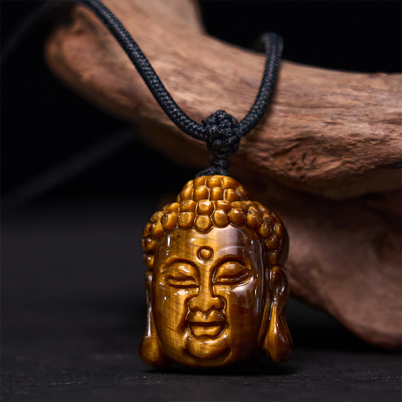 Buddha Stones Tiger Eye String Buddha Head Courage Necklace Pendant - Tiger Eye Black String - image 1