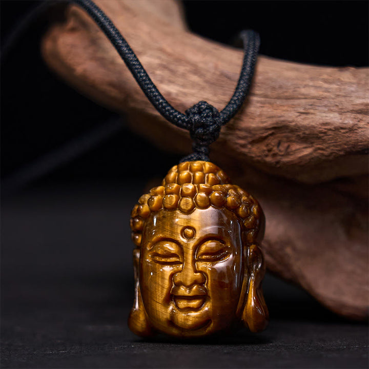 Buddha Stones Tiger Eye String Buddha Head Courage Necklace Pendant - Tiger Eye Black String - image 1