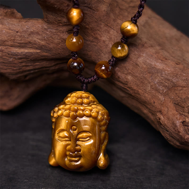 Buddha Stones Tiger Eye String Buddha Head Courage Necklace Pendant - Tiger Eye Four Stranded Brown String - image 10