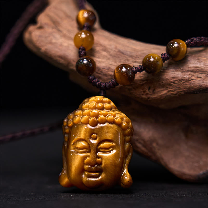 Buddha Stones Tiger Eye String Buddha Head Courage Necklace Pendant