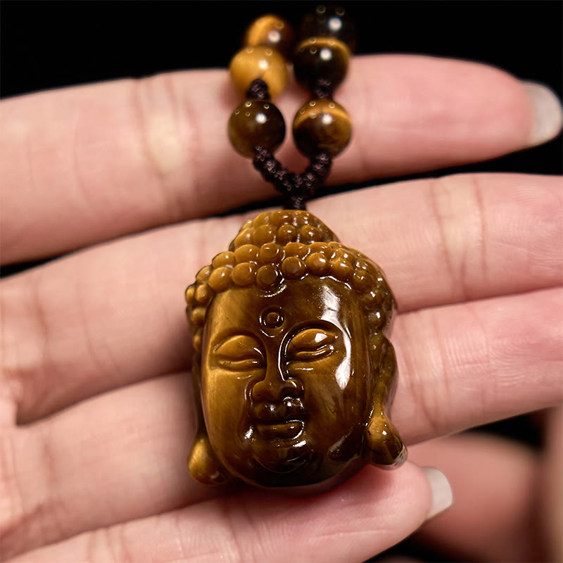 Buddha Stones Tiger Eye String Buddha Head Courage Necklace Pendant