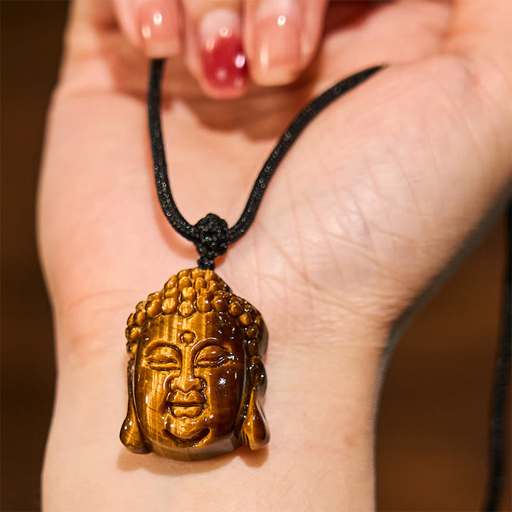 Buddha Stones Tiger Eye String Buddha Head Courage Necklace Pendant