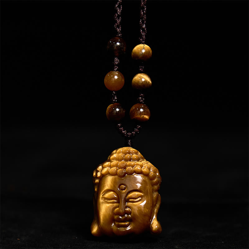 Buddha Stones Tiger Eye String Buddha Head Courage Necklace Pendant