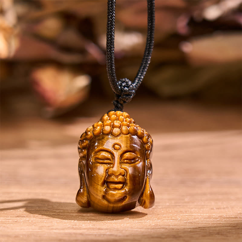 Buddha Stones Tiger Eye String Buddha Head Courage Necklace Pendant