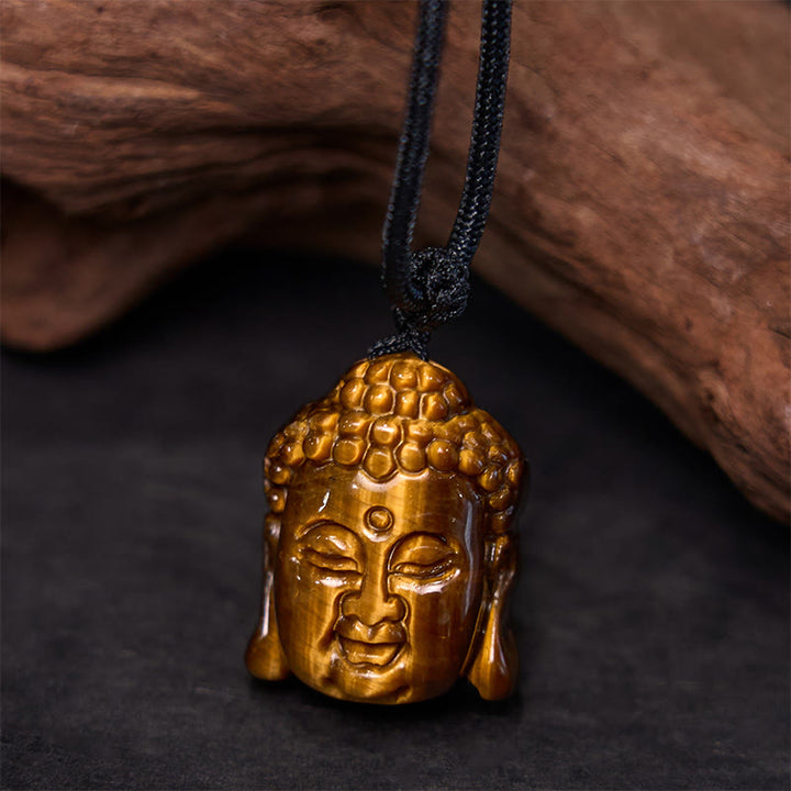 Buddha Stones Tiger Eye String Buddha Head Courage Necklace Pendant