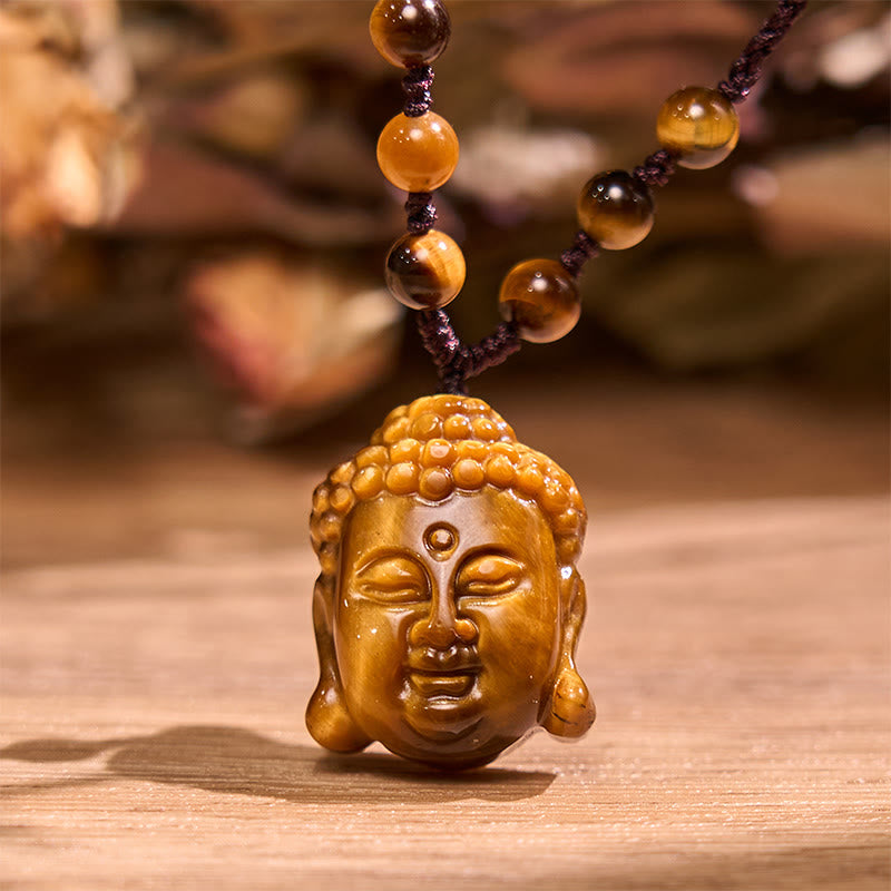 Buddha Stones Tiger Eye String Buddha Head Courage Necklace Pendant