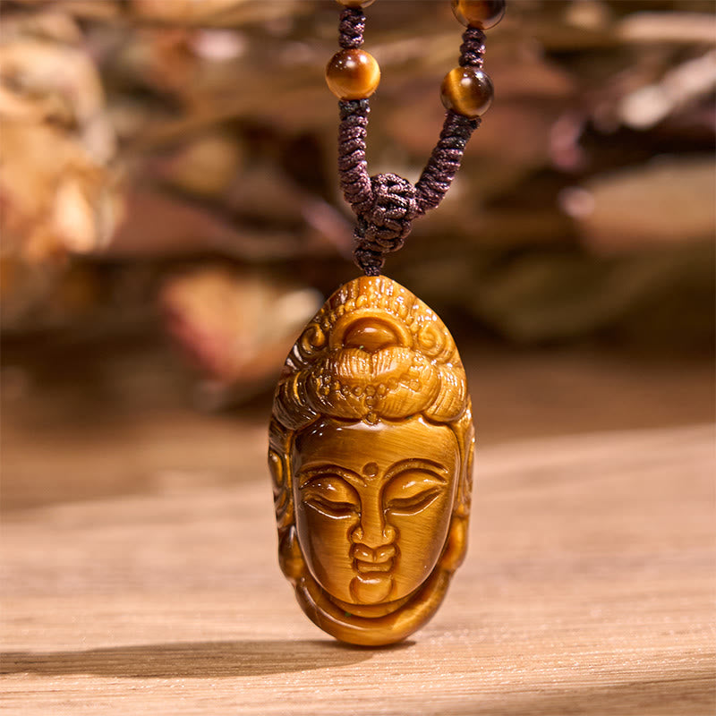 Buddha Stones Tiger Eye Kwan Yin Avalokitesvara Head String Strength Necklace Pendant