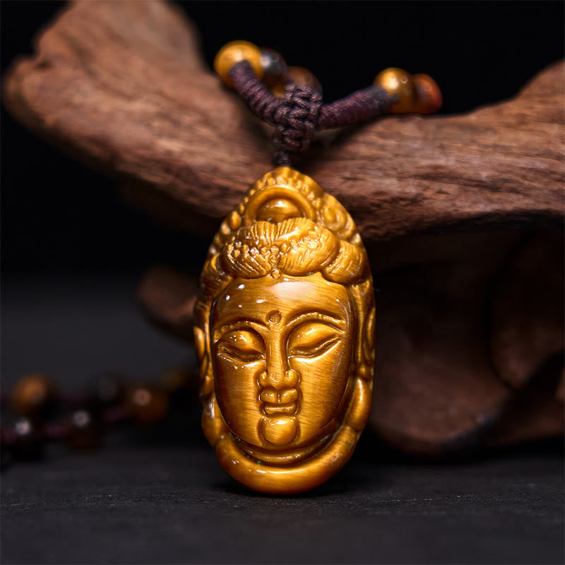 Buddha Stones Tiger Eye Kwan Yin Avalokitesvara Head String Strength Necklace Pendant