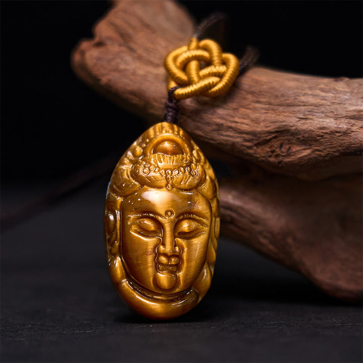 Buddha Stones Tiger Eye Kwan Yin Avalokitesvara Head String Strength Necklace Pendant