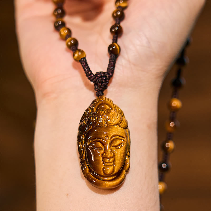 Buddha Stones Tiger Eye Kwan Yin Avalokitesvara Head String Strength Necklace Pendant