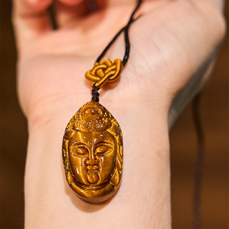 Buddha Stones Tiger Eye Kwan Yin Avalokitesvara Head String Strength Necklace Pendant