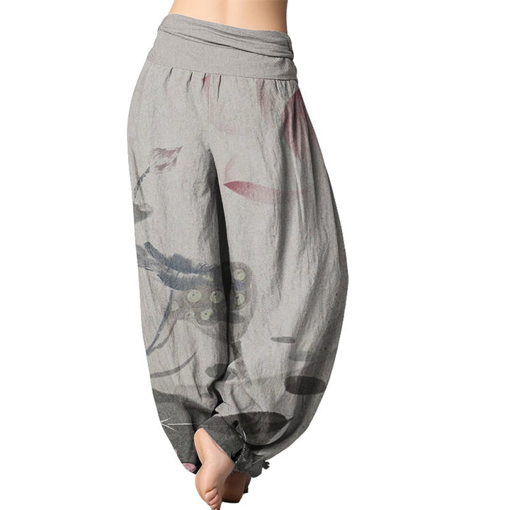 Buddha Stones Ink Lotus Flowers Leaves Koi Fish Pattern Women's Elastic Waist Harem Pants