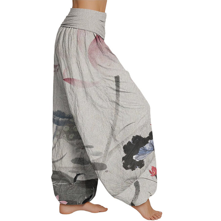 Buddha Stones Ink Lotus Flowers Leaves Koi Fish Pattern Women's Elastic Waist Harem Pants