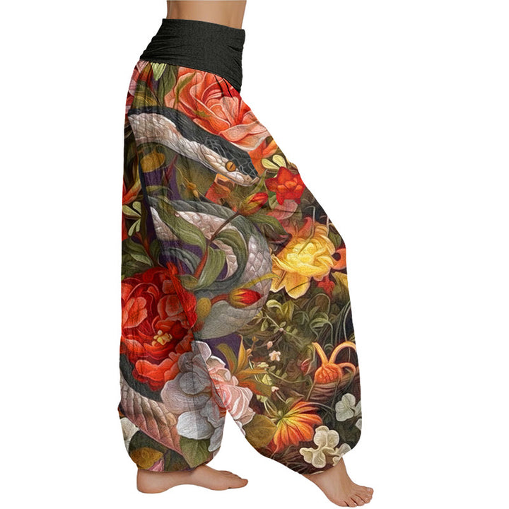 Buddha Stones Snake Peony Flowers Leaf Pattern Women's Elastic Waist Harem Pants