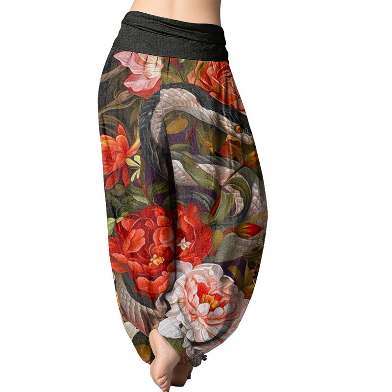 Buddha Stones Snake Peony Flowers Leaf Pattern Women's Elastic Waist Harem Pants