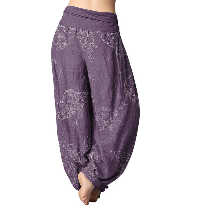 Buddha Stones Koi Fish Floral Pattern Women's Elastic Waist Harem Pants