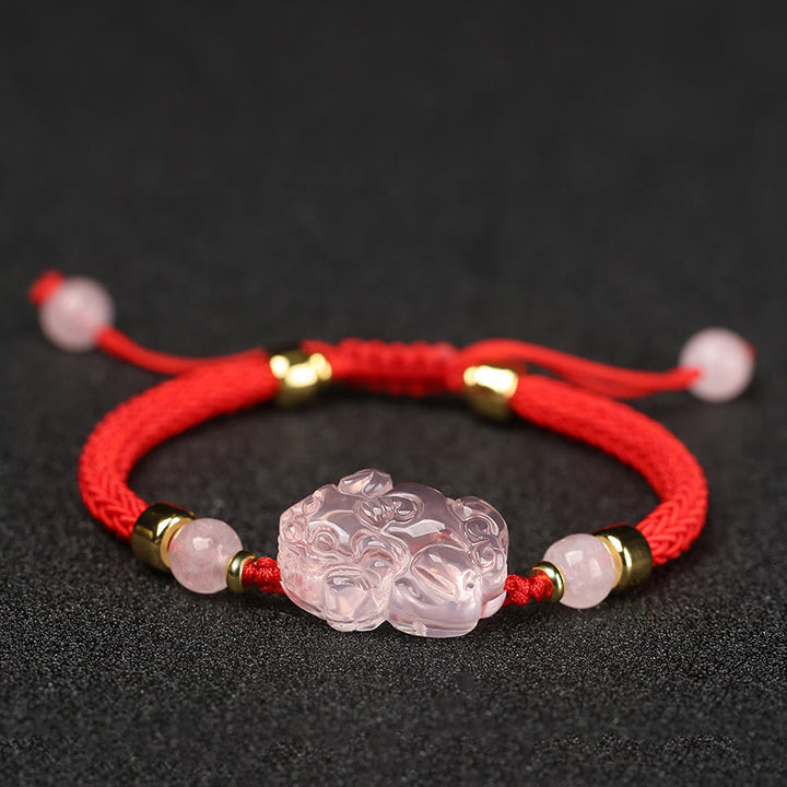 Buddha Stones PiXiu Pink Crystal Wealth String Braided Bracelet