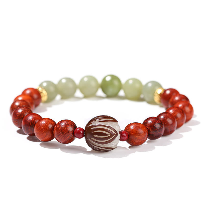 Buddha Stones Natural Rosewood Cyan Jade Bodhi Seed Lotus Warmth Calm Bracelet