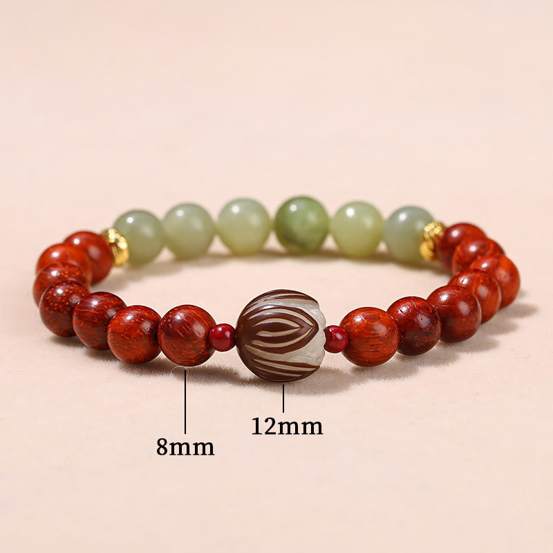 Buddha Stones Natural Rosewood Cyan Jade Bodhi Seed Lotus Warmth Calm Bracelet