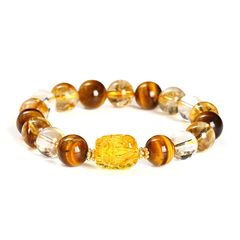 Buddha Stones Natural Yellow Tiger Eye Citrine Beeswax Pixiu Strength Bracelet