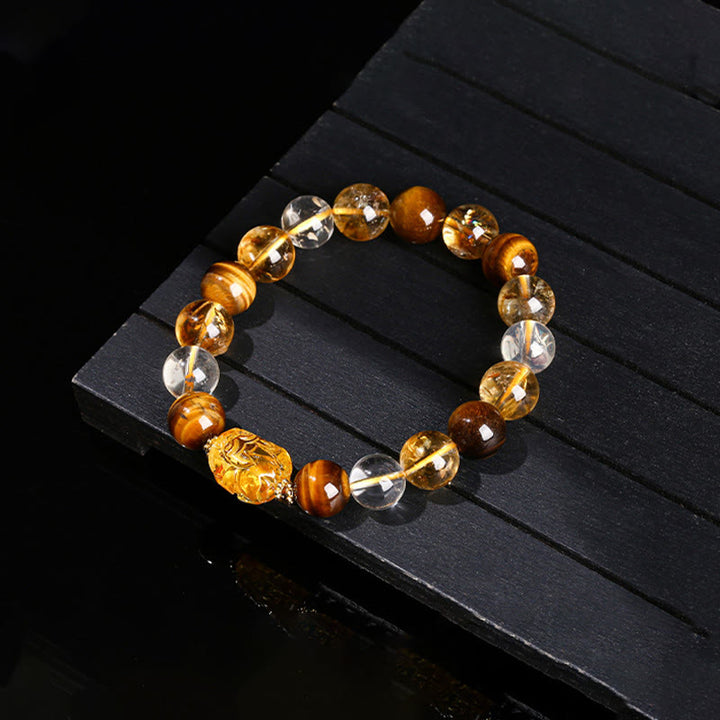 Buddha Stones Natural Yellow Tiger Eye Citrine Beeswax Pixiu Strength Bracelet