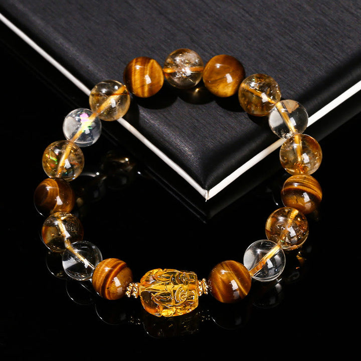 Buddha Stones Natural Yellow Tiger Eye Citrine Beeswax Pixiu Strength Bracelet