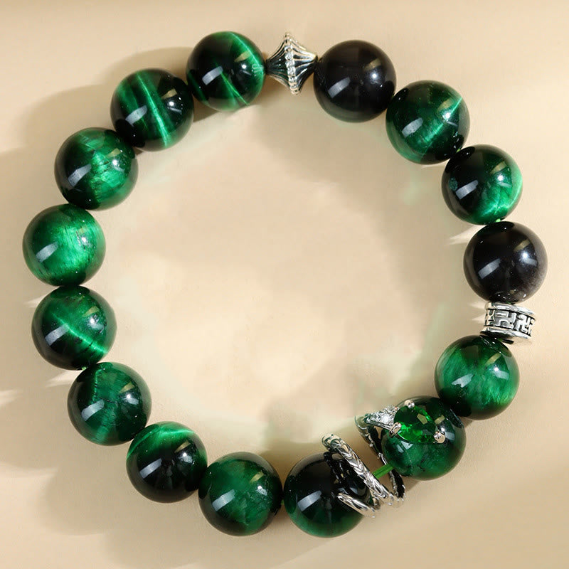 Buddha Stones Green Tiger Eye Silver Sheen Obsidian Year of the Snake Strength Bracelet