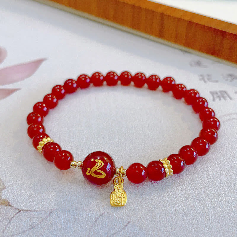 Buddha Stones Red Agate Gold Plated Copper Year Of The Snake Happiness Bracelet